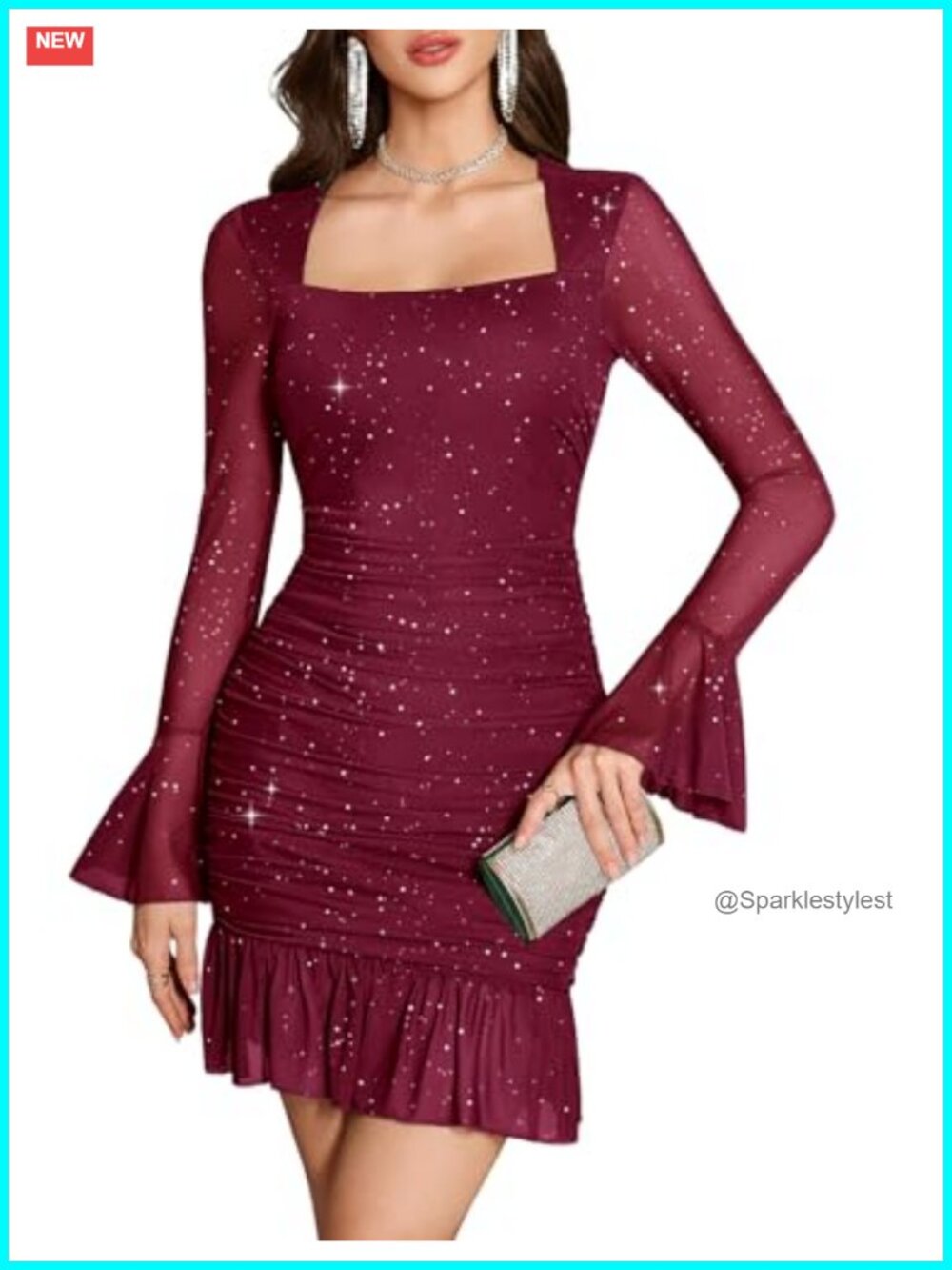 Women's Mini Bodycon Dress Sequin Mesh Long Sleeve Cocktail Party
